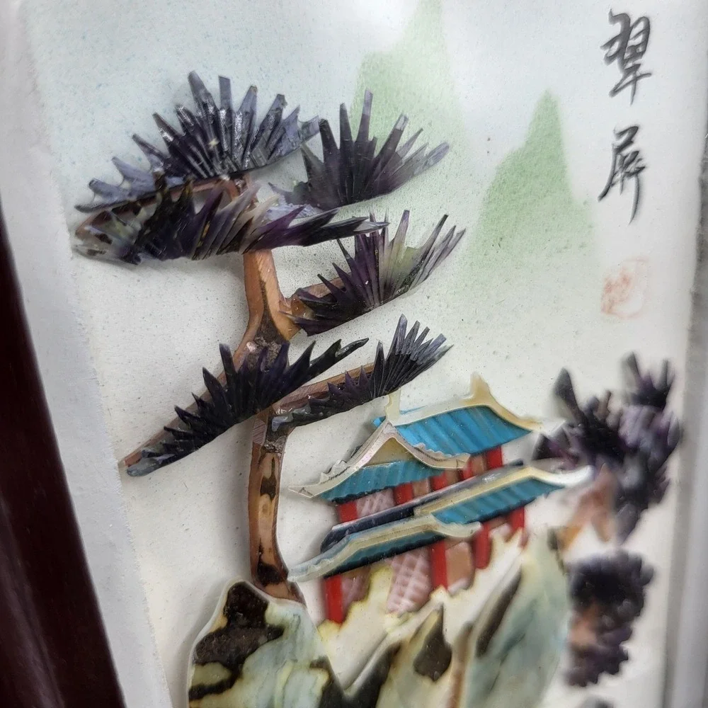 Vintage Chinese Shell Art Shadow Box Pagoda Landscape 3D Wall Decor 9